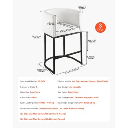 Baarijakkarasetti 3 kpl pehmustettu valkoinen plyysi metallirunko 63 cm puoliksi avoin selkänoja