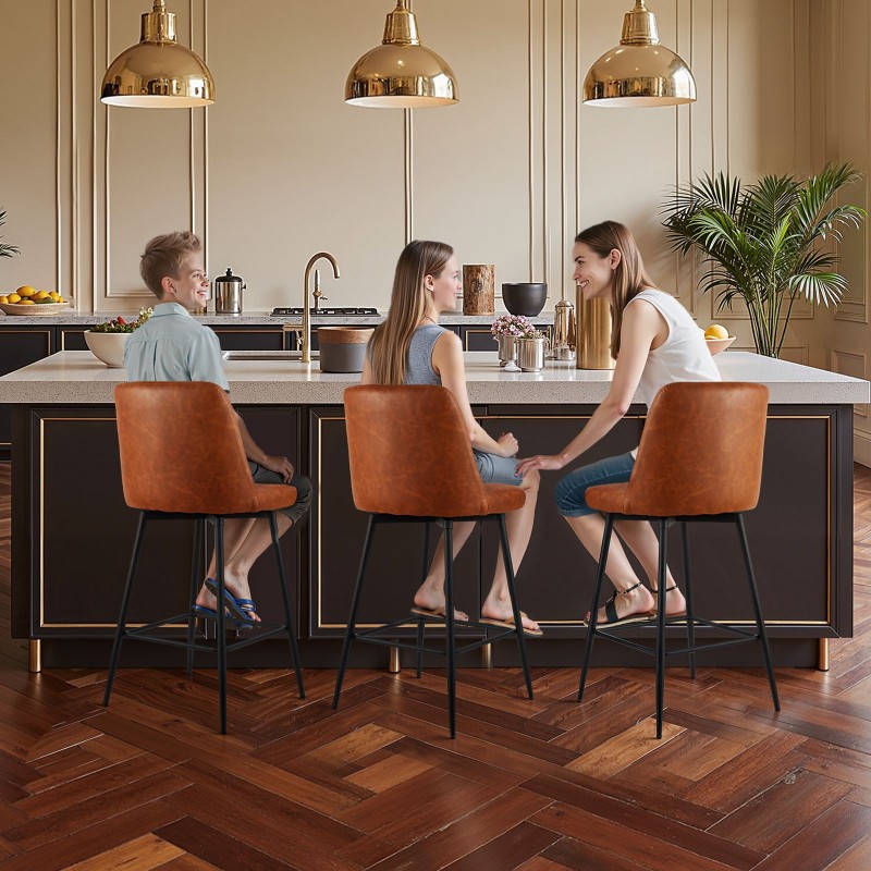 Baarijakkarasetti 3 kpl ruskea PU-nahka 69 cm istuinkorkeus metallirunko 360 asteen kääntyvä