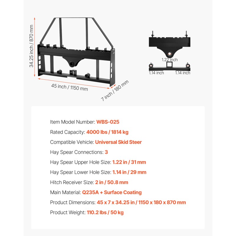 Trukkipiikkirunko Q235A-teräs pikakiinnitteisiin kuormaajiin korotetulla suojakaarella 1814 kg