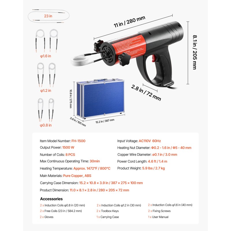 Induktiolämmitin 1500 wattia käsikäyttöinen 8 käämillä kupari ja ABS-muovi ruosteisten pulttien irrotukseen