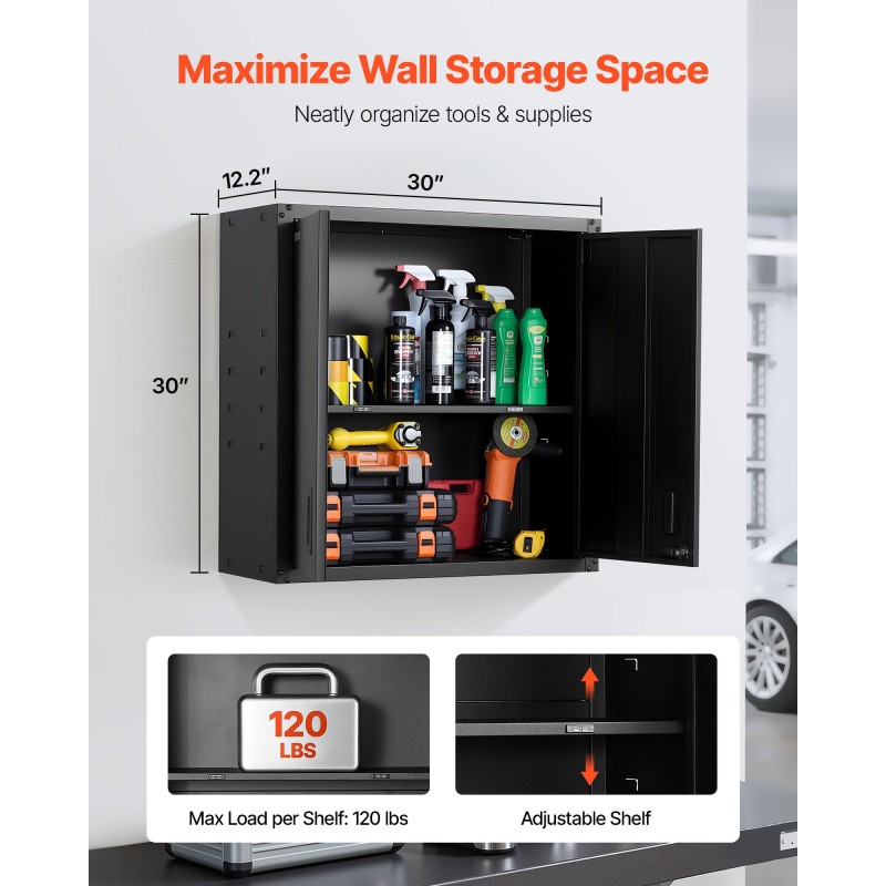 Seinäkaappi kylmävalssattu teräs lukittavat ovet säädettävä hylly musta