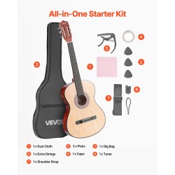 Klassinen kitara 38 tuumaa lehmus ja vaahtera nailonkielet aloittelijoille aloituspakkaus