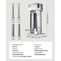 Sähkökäyttöinen pystymallinen 15 litran makkarantekijä ruostumattomasta teräksestä portaattomasti säädettävä nopeus ja