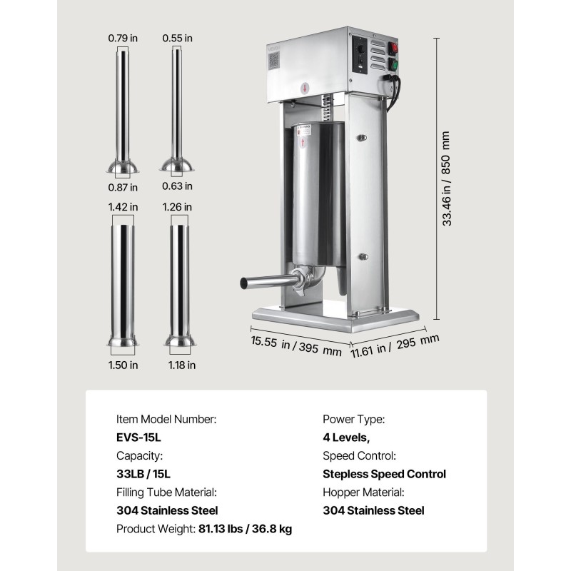 Sähkökäyttöinen pystymallinen 15 litran makkarantekijä ruostumattomasta teräksestä portaattomasti säädettävä nopeus ja