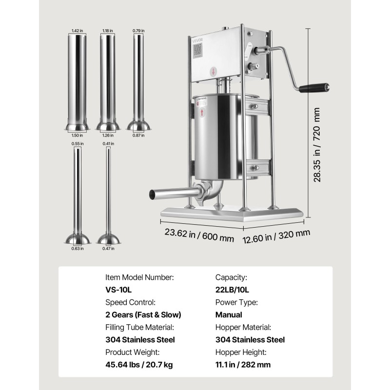 Manuaalinen pystymallinen makkaratäytin 10 L 304-ruostumaton teräs kaksinopeuksinen 5 täyttöputkea