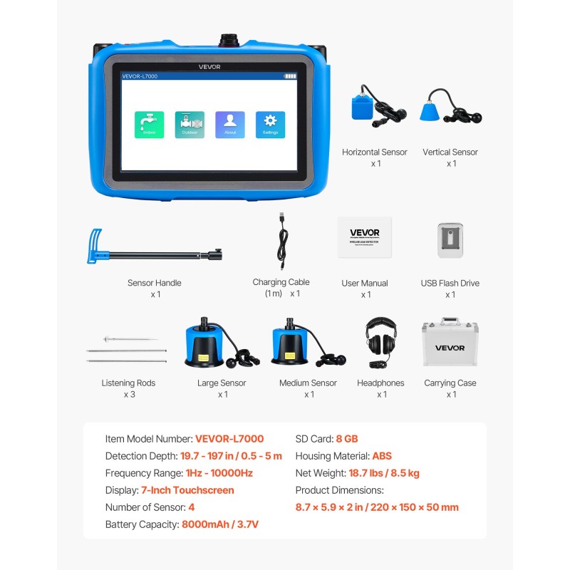 Putkivuodonilmaisin ABS-koteloinen 4 anturia 3 kuuntelusauvaa 7 tuuman kosketusnäyttö