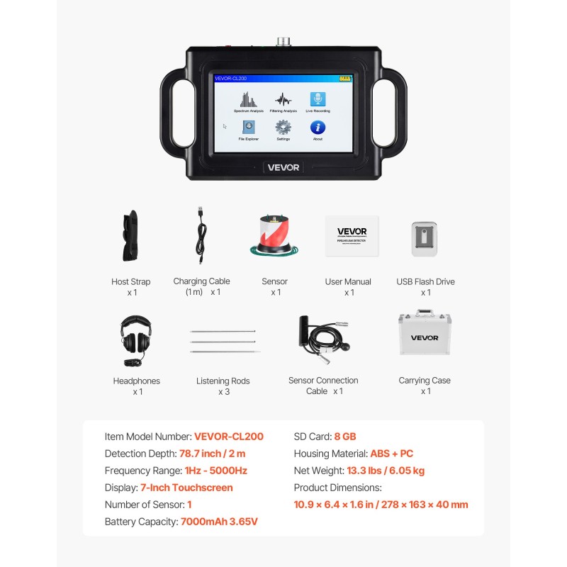 Putkiston vuototunnistin 1–5000 hertsi 2 metrin havaitsemissyvyys 7 tuuman kosketusnäyttö