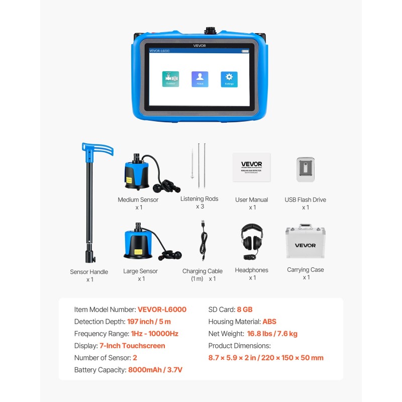 Putkivuodonilmaisin ulkokäyttöön 7-tuumainen kosketusnäyttö 8000 mAh akku 5 metrin havaitsemissyvyys