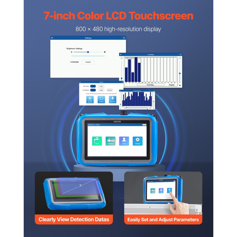 Putkistojen vuodonilmaisin ulkokäyttöön viiden metrin havaitsemissyvyys seitsemän tuumainen näyttö