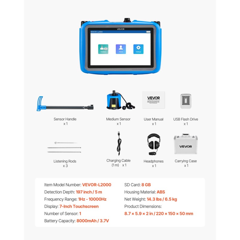 Putkistojen vuodonilmaisin ulkokäyttöön viiden metrin havaitsemissyvyys seitsemän tuumainen näyttö