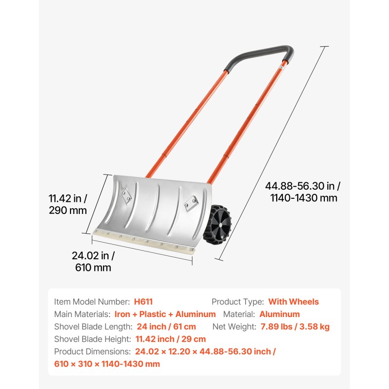 Metallinen lumilapio pyörillä alumiiniterä 61 cm säädettävä varsi 114–143 cm