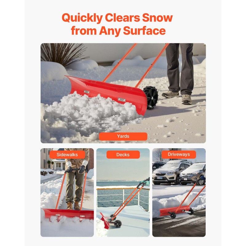 Pyörillä varustettu lumilapio 96 cm kestävä muoviterä säädettävä U-kahva pihoille