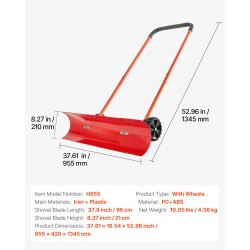 Pyörillä varustettu lumilapio 96 cm kestävä muoviterä säädettävä U-kahva pihoille