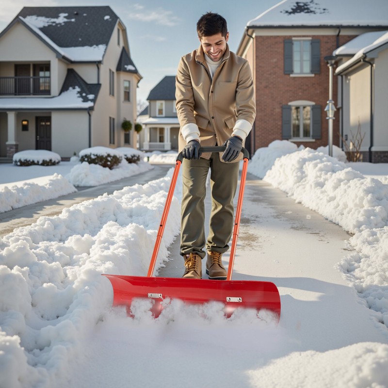 Pyörillä varustettu lumilapio 96 cm kestävä muoviterä säädettävä U-kahva pihoille