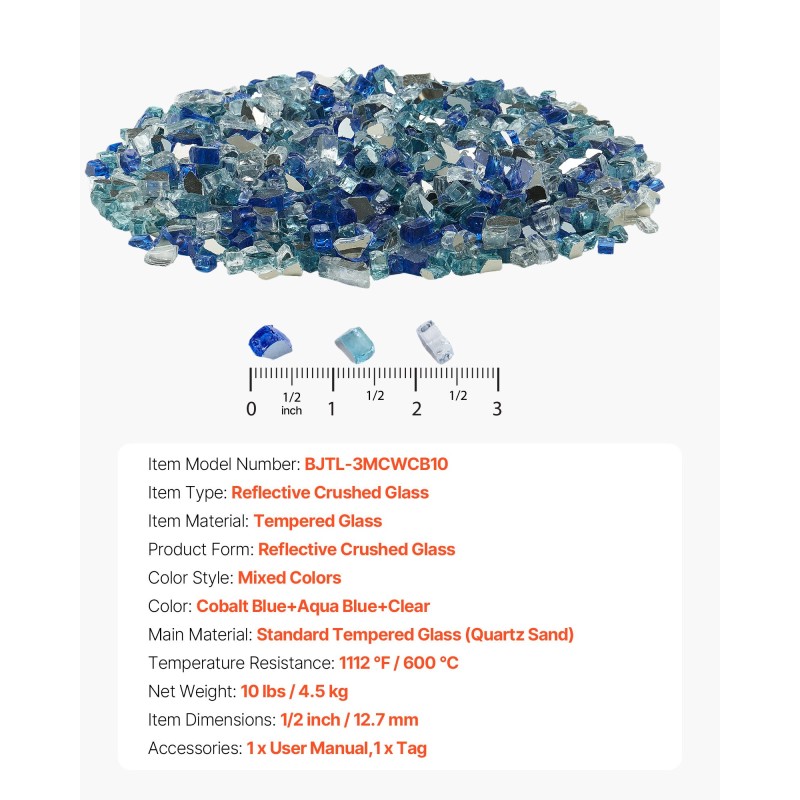 Murskattu karkaistu tulilasi 12,7 mm 4,5 kg takkaan sekavärinen