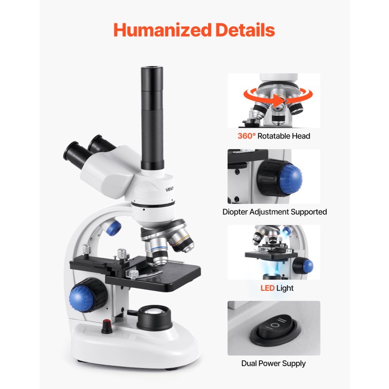 Kolmiputkinen mikroskooppi alumiiniseosrunko 40–5000-kertainen LED-valaistus 1,5 megapikselin elektroninen okulaari