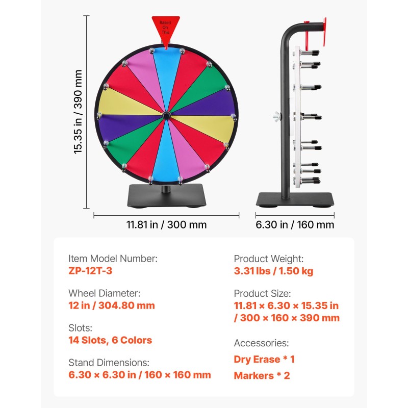 Pöytämallinen onnenpyörä 305 mm halkaisija 14 sektoria 6 väriä kuivapyyhittävä pinta