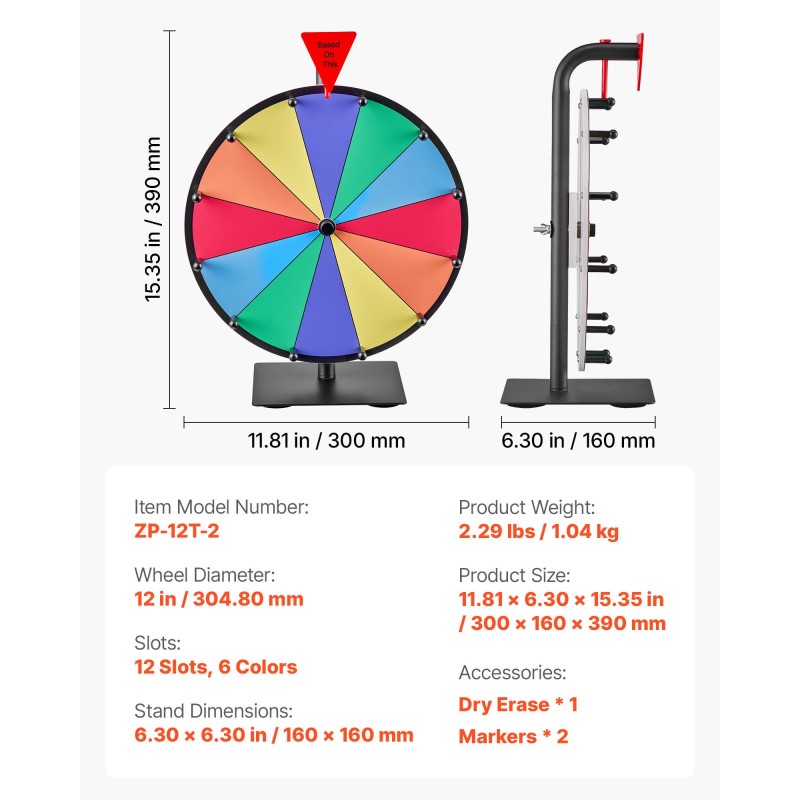 Pöytämallinen arpapyörä kaksitoista sektoria kuusi väriä kuivapyyhittävä pinta
