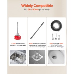 Sähkökäyttöinen viemärinavauskone mangaaniteräsjousella 45,4 metrin kaapelilla kuudella vaihdettavalla leikkurilla putkille