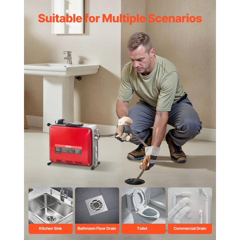 Sähkökäyttöinen viemärinavauskone mangaaniteräsjousella 45,4 metrin kaapelilla kuudella vaihdettavalla leikkurilla putkille