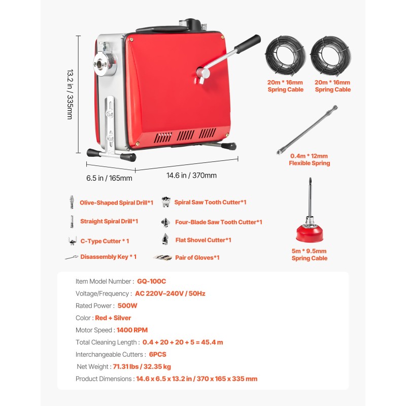 Sähkökäyttöinen viemärinavauskone mangaaniteräsjousella 45,4 metrin kaapelilla kuudella vaihdettavalla leikkurilla putkille