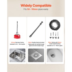 Sähköinen viemärin puhdistuskone 500W mangaaniteräskaapeli 25,4 m 8 leikkuria 50–110 mm