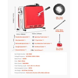 Sähköinen viemärin puhdistuskone 500W mangaaniteräskaapeli 25,4 m 8 leikkuria 50–110 mm