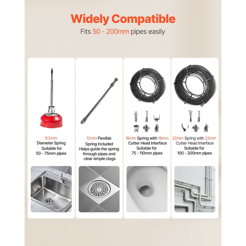 Sähköinen viemärin puhdistuskone 850W 50–200 mm putkille 33,9 m mangaaniteräsjousilla