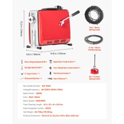 Sähköinen viemärinavauskone 390W 24,5 m mangaaniteräsjousella 6 vaihdettavaa leikkuria 50–110 mm putkille