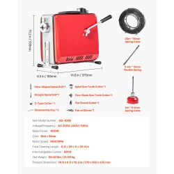 Sähköinen viemärinpuhdistuskone 400 W mangaaniteräsjousikaapelit 25,4 m 6 vaihtoterää 50–110 mm