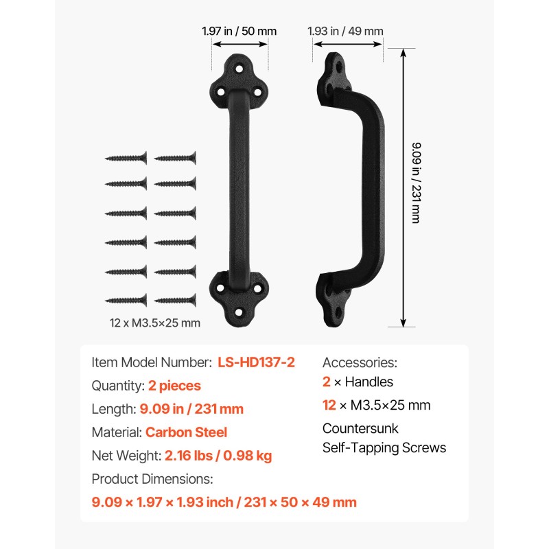 Portin vedin hiiliterästä 231 mm kaksi kappaletta ulko ja sisäoviin