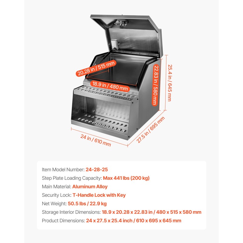 Alumiininen askeltyökalulaatikko mitat 610x695x645 mm 200 kg T-kahvalukolla