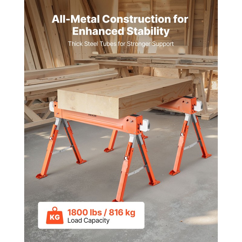 Taitettava teräksinen sahapukki 2 kpl korkeussäätö 640–820 mm kantavuus 816,5 kg