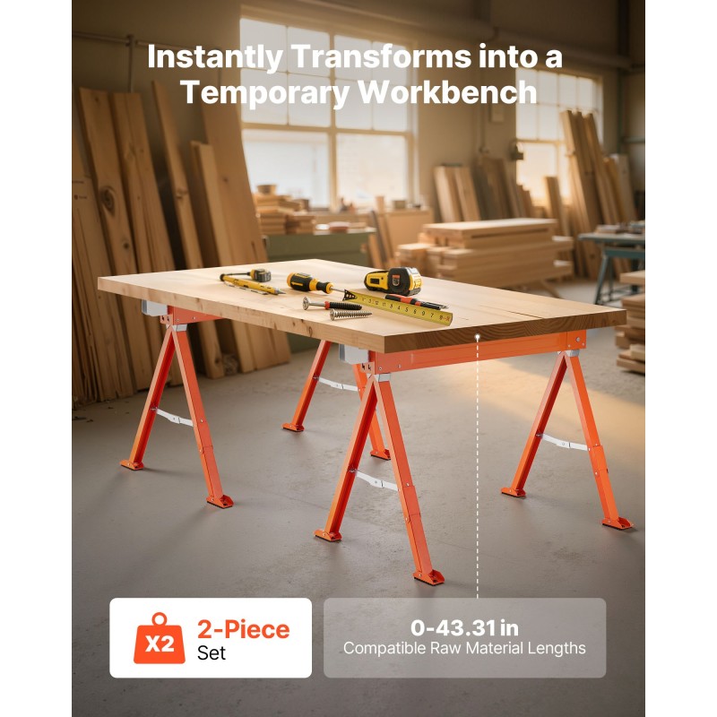 Taitettava teräksinen sahapukki pari 600,1 kg kantavuus 730 mm korkeus