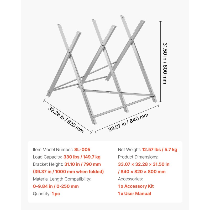 Sahapukki taitettava teräksinen 149,7 kg kantavuus 790–1000 mm