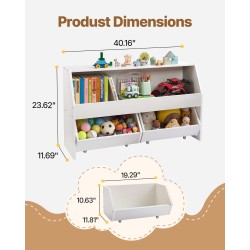 Puinen lelusäilytyshylly 3 lokeroa 2 pyörällistä laatikkoa valkoinen kaatumissarjalla