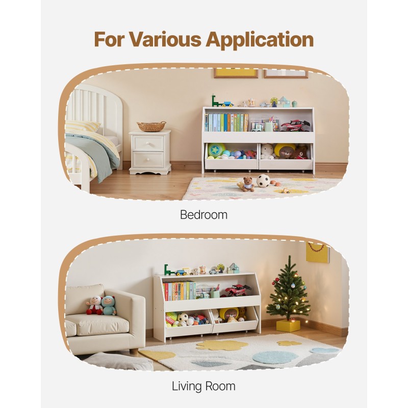 Puinen lelusäilytyshylly 3 lokeroa 2 pyörällistä laatikkoa valkoinen kaatumissarjalla