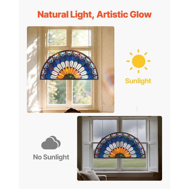 Värillinen lasi-ikkunapaneeli metallikehyksellä 913×465 mm puolipyöreä ripustettava