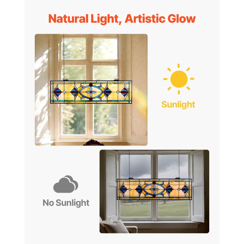 Lasinen lasimaalauspaneeli 813 x 250 mm ripustettava Tiffany-tyylinen metallikehyksellä