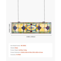 Lasinen lasimaalauspaneeli 813 x 250 mm ripustettava Tiffany-tyylinen metallikehyksellä