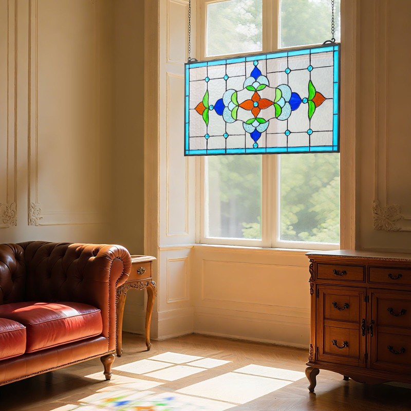 Värillinen lasipaneeli mitat 664x402x4,5 mm metallikehyksellä ripustettava ikkuna- ja seinäkoriste