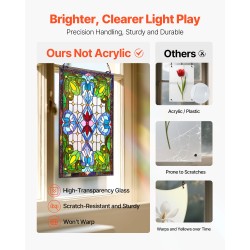Lyijylasi-ikkunapaneeli lasia 433 x 731 mm Tiffany-tyylinen riippuva ketjulla metallikehyksellä