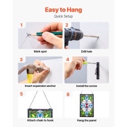 Lyijylasi-ikkunapaneeli lasia 433 x 731 mm Tiffany-tyylinen riippuva ketjulla metallikehyksellä