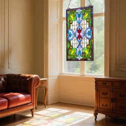 Lyijylasi-ikkunapaneeli lasia 433 x 731 mm Tiffany-tyylinen riippuva ketjulla metallikehyksellä