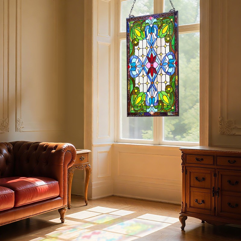 Lyijylasi-ikkunapaneeli lasia 433 x 731 mm Tiffany-tyylinen riippuva ketjulla metallikehyksellä