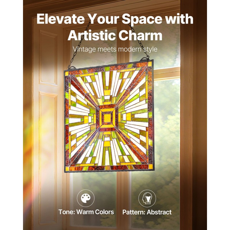 Värillinen lasi-ikkunapaneeli 501 x 527 mm lasia metallikehyksellä ripustettava ikkunaan tai seinälle