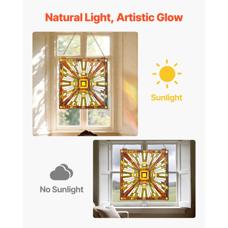 Värillinen lasi-ikkunapaneeli 501 x 527 mm lasia metallikehyksellä ripustettava ikkunaan tai seinälle