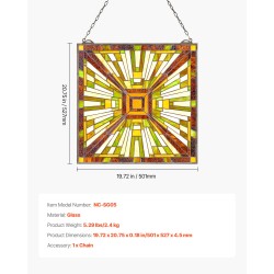 Värillinen lasi-ikkunapaneeli 501 x 527 mm lasia metallikehyksellä ripustettava ikkunaan tai seinälle