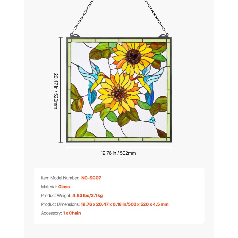 Lasimaalattu ikkunapaneeli lasista metallikehyksellä 50 x 52 cm ripustettava ketjulla