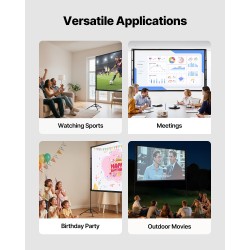 Kannettava 100-tuumainen valkokangas rypytön kangas 16:9-kuvasuhteella korkeussäädettävä jalusta musta